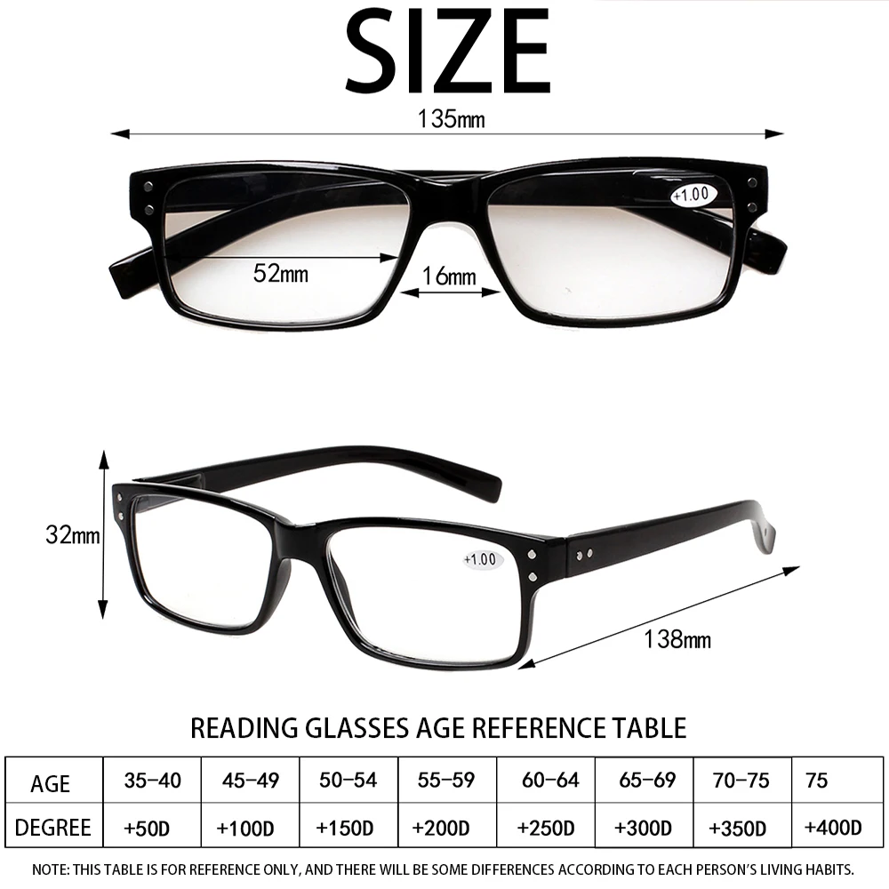 Turezing Classic Spring Hinge  Black Reading Glasses for Men and Women HD Eyeglasses Diopter +0.5+1.0+2.0+3.0+4.0+5.0+6.0 3