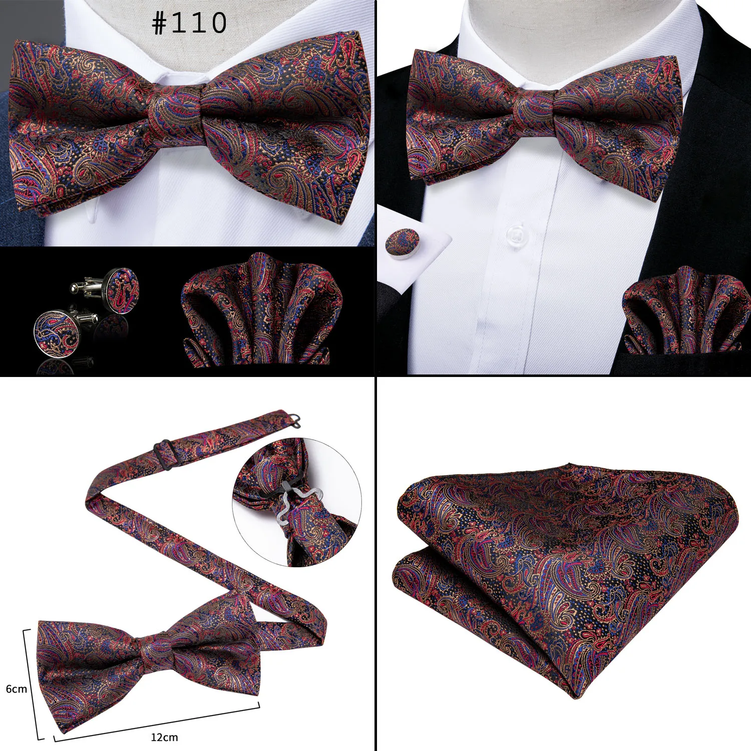 Мужской Шелковый галстук-бабочка винтажный деловой красный галстук-бабочка с узором пейсли для мужчин Свадебный смокинг бабочка Карманный платок запонки набор DiBanGu