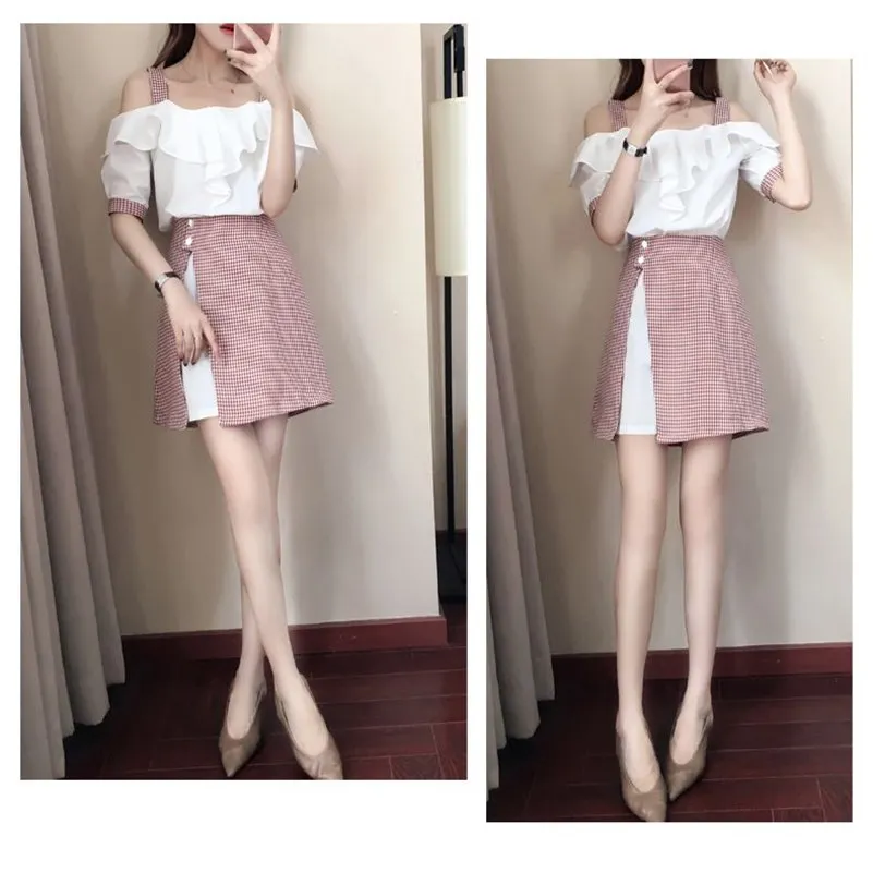 

Nice Summer Women Elegant Short Sleeve Chiffon 2 Pieces Set Casual Ruffles Spaghetti Strap Shirt And Plaid Skirt Set