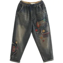 OMIKRON дизайн женский свободный хлопчатобумажный из Денима Джинсы бойфренда эластичные Высокая талия мультфильм вышивка шаровары брюки