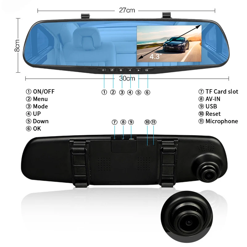  E-ACE Dvr Dash Camera Car Dvr mirror FHD 1080P 4.3 Inch Dual Lens With Rear View Camera Auto Video 