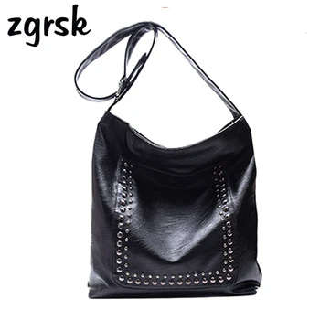 

Designer Retro Punk Bag Women Leather Handbags Classic Rivets Big Shoulder Bag Black Ladies Crossbody Tote Bag Sac A Main Femme