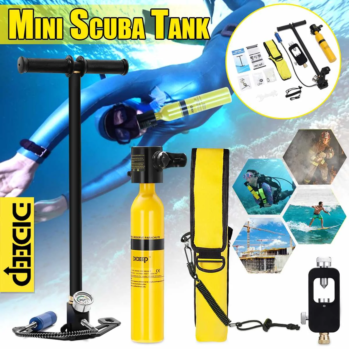 

DIDEEP Scuba 0.5L Mini Diving Oxygen Cylinder Scuba Air Tanks+Pump+Respirator Bag+Safety Leash+Refill Adapter+Set Of Accessories