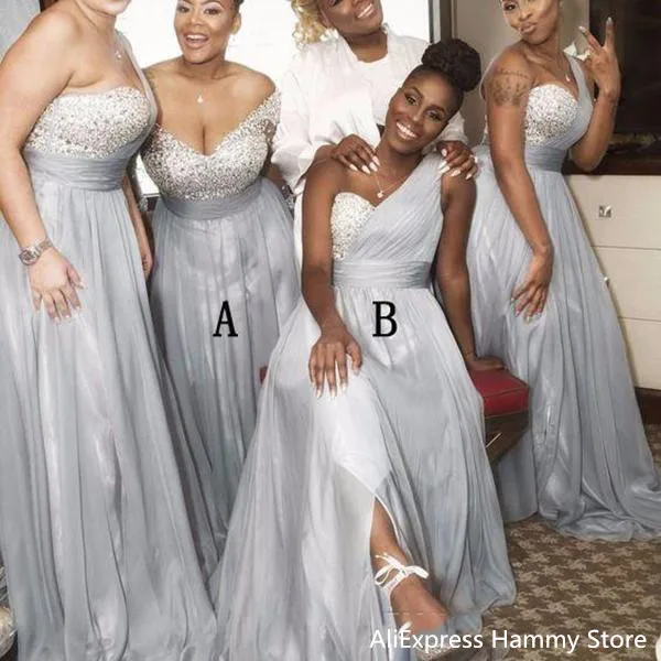 

2020 Silver Arabic One Shoulder Bridesmaid Dresses Beaded Sequins Sexy Modest Junior Maid Of Honor Dress Wedding Party Dress