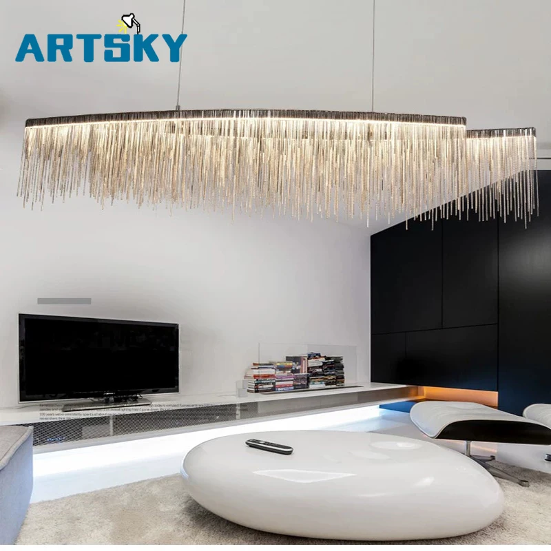 

Italian Design Silver Art chandelier Engineering Design Luxury Chain Tassel Aluminum Chain LED Beautiful chandelier Lighting
