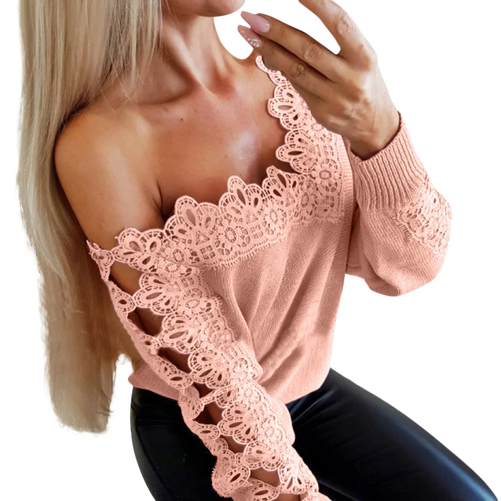 

Lace Patchwork Women Blouses 2019 Fashion Solid Hollow Out Shirts Casual Long-Sleeved Off-shoulder Blouse Shirt camisa femenina