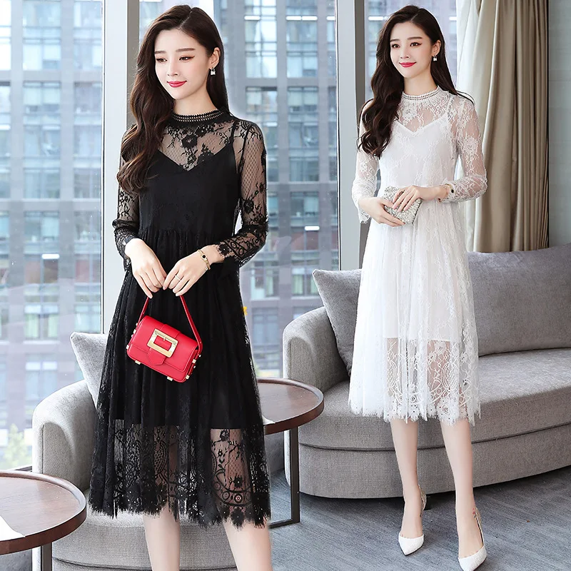 

2018 Autumn Clothing New Style Korean-style Mid-length Elegant Camisole Lace Two-Piece Dress Women's Fashion