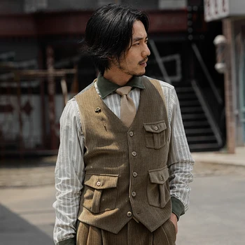 

vintage vest Autumn and winter retro American corduroy vest Workwear casual slim suit vest vest men Color block suit vest