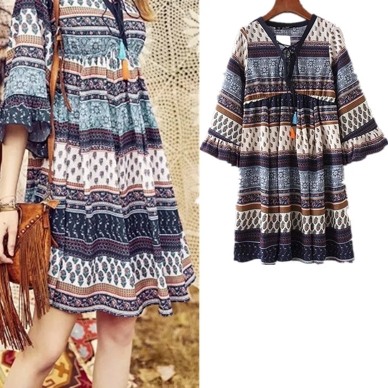 

2018 Summer Ethnic-Style V-neck Cross Straps Bell Sleeve Floral Printed Dress Three-quarter-length Sleeve Short Skirt Women's Fa