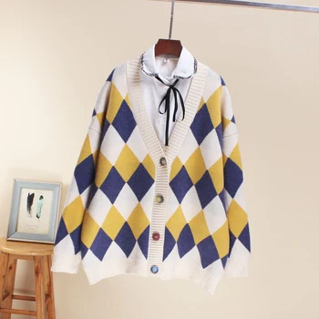 

DTSTARZG Beautiful Plaid Cardigan Women 2020 Fall Winter Warm Long Sleeve Knit Checked Sweater Cardigan Female Knitwear Clothes