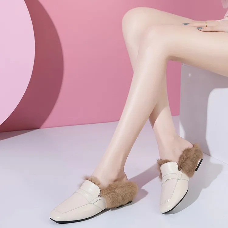 

Fashion Genuine Leather Autumn New Style Women's Square Head Low Top Shoes Full-grain Leather Rabbit Fur Liner Tendon Outsole