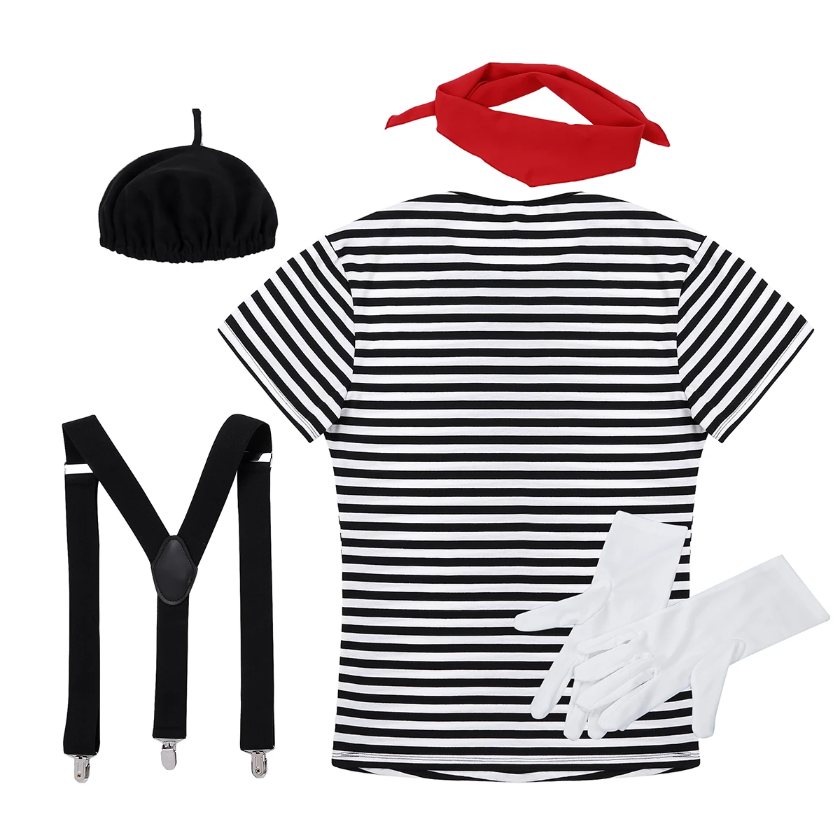 Islander Fashions Mens Black White Stripe T Shirt Beret Hat Braces Gloves French Mime 4 Pcs Set 2X Large