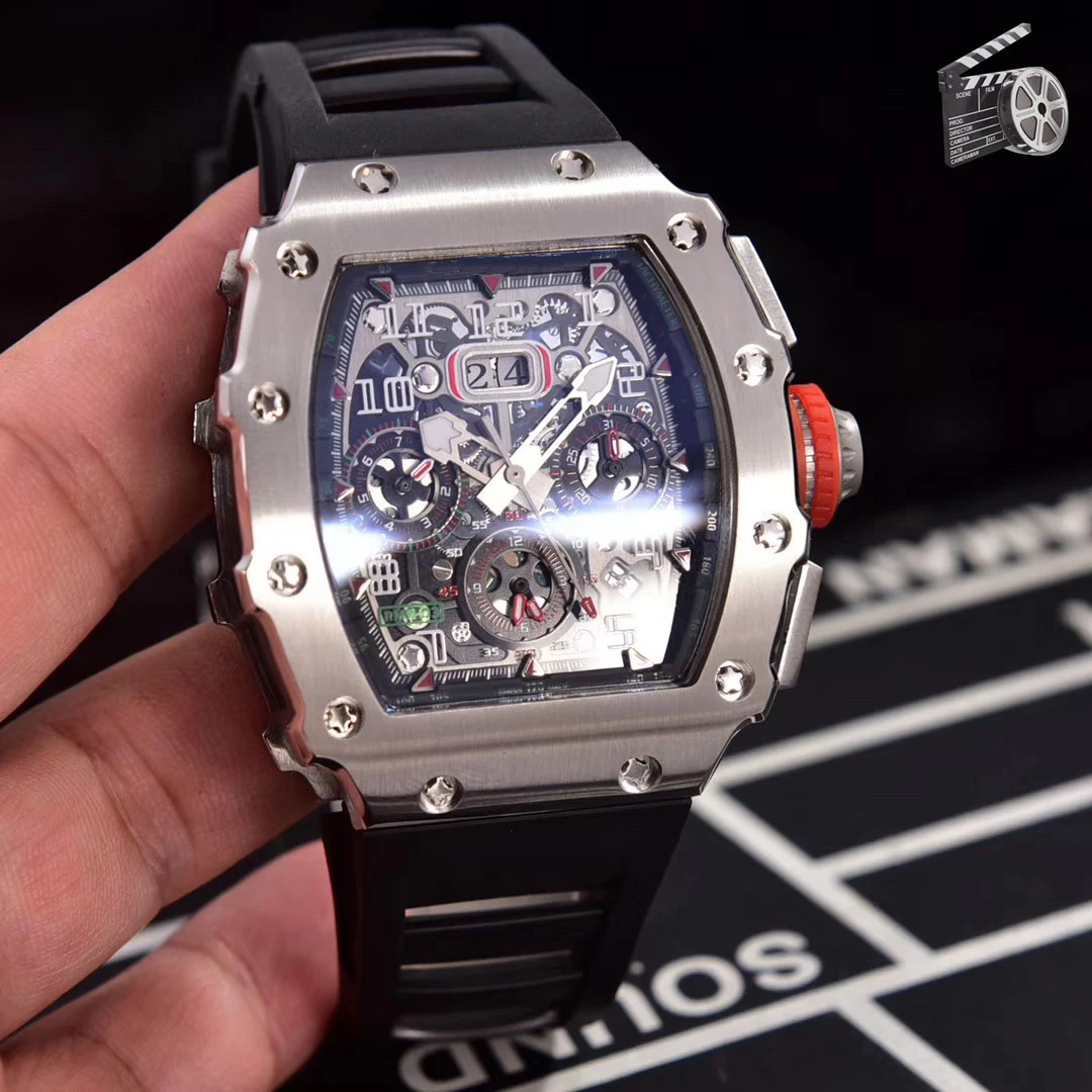 Роскошные брендовые новые черные красные резиновые мужские часы сапфировые автоматические механические Tourbillion календарь серебристо-серый Скелет Спорт AAA
