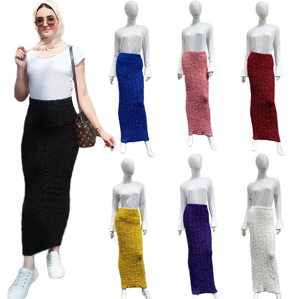 Falda musulmana ajustada elástica para mujer, falda larga de punto, Color sólido, estilo Ramadán, estilo islámico, recta de cintura alta