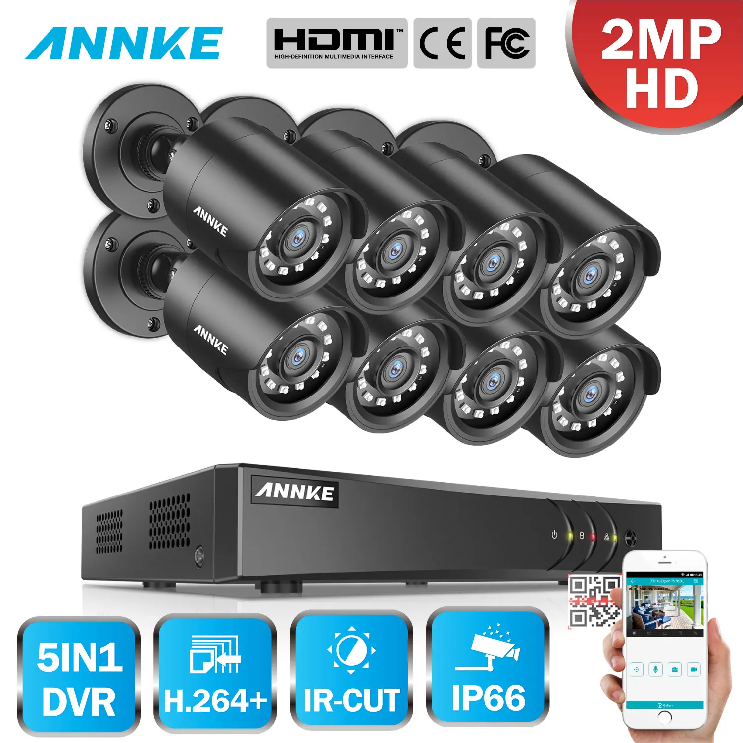 ANNKE 1080P FHD 5in1 8CH Lite H.264+ DVR HD TVI Smart IR Bullet Weatherproof Cameras Security Surveillance CCTV System | Безопасность и
