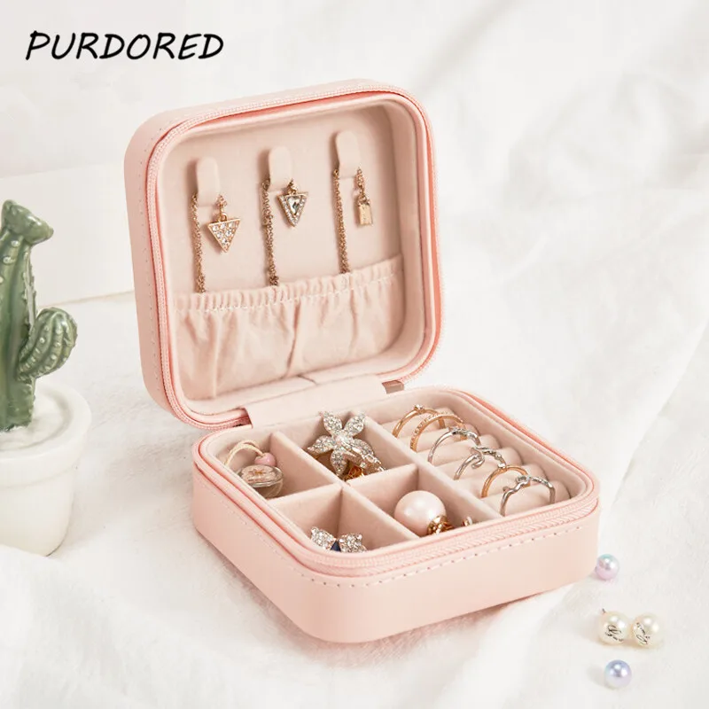 PURDORED 1 Pc Mini Jewelry Box Portable Zipper Jewelry Storage Organizer Women Ring Necklace Display Case Travel Accessories