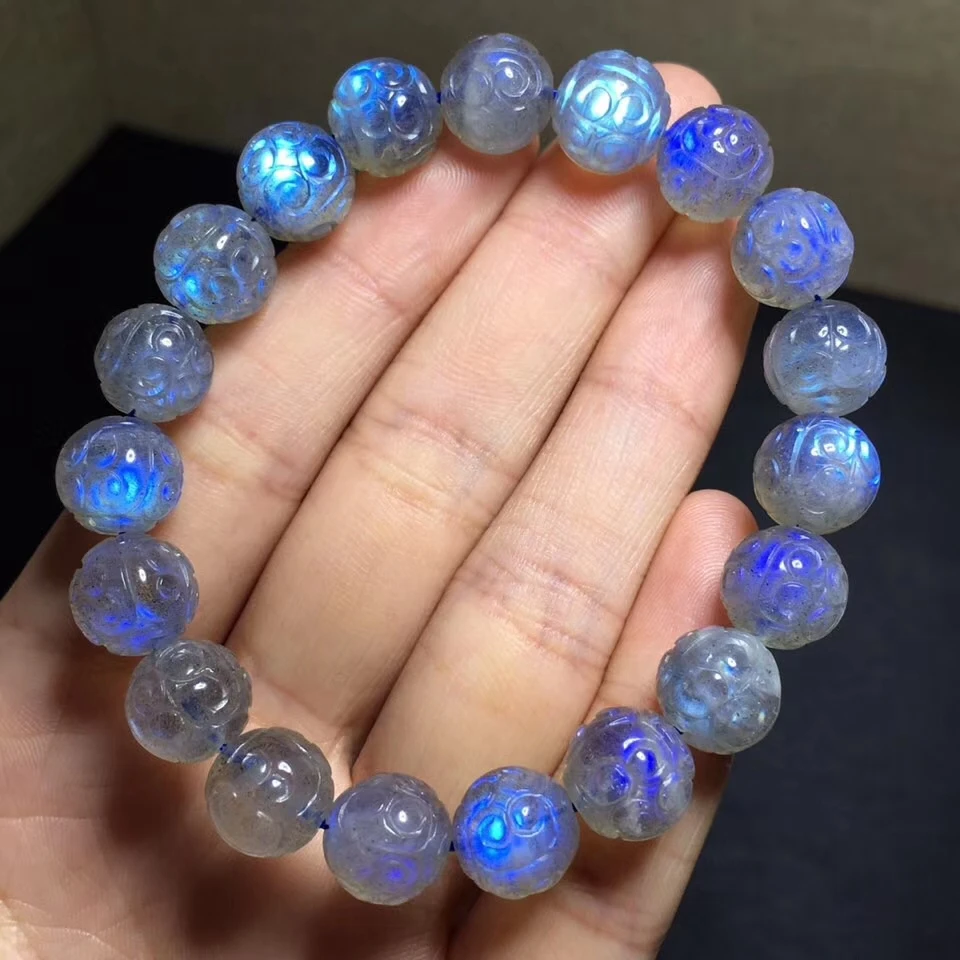 

Genuine Natural Labradorite Blue Light Crystal Round Beads Bracelet Women Necklace 10.5mm Grey Moonstone Stone AAAAA