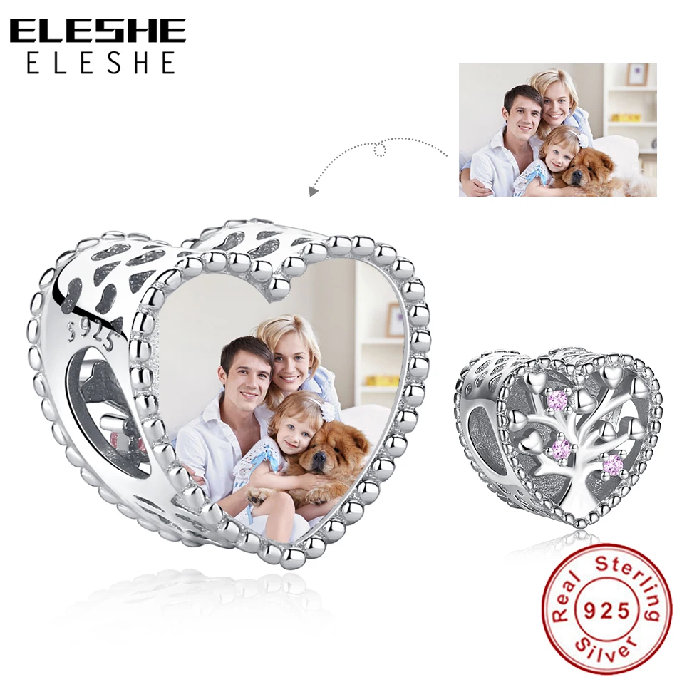 ELESHE 925 Sterling Silver Cubic Zirconia Family Tree Charm Personalized Custom Photo Bead Fit Original Bracelet DIY Jewelry