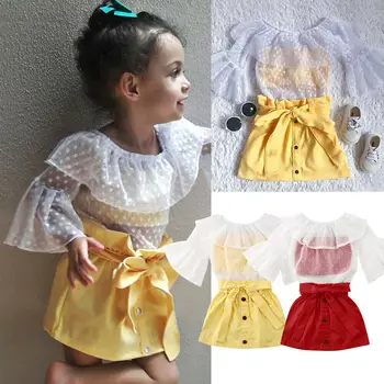 

2020 New Toddler Baby Kid Girl Clothes Set 1-6Y Polka Dot Lace Flare Sleeve Blouse Tops+Tube+A-Line Skirts Outfits Princess 3pcs