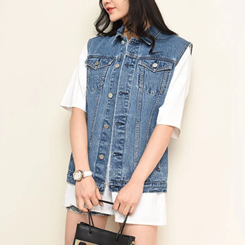 Autumn Large Size 6XL Casual Women's Denim Vest Short Sleeveless Turn-down Collar Ladies Vests New Slim Female Waist Vest