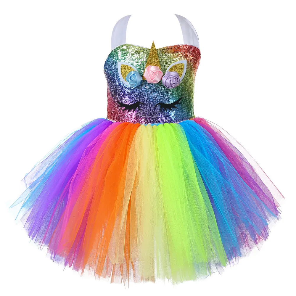 Children Unicorn Dress For Girls Rainbow Dress With Headwear Halloween Cosplay Unicorn Costume For Kids Party Princess Dress