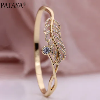 

PATAYA New Hollow Leaf Natural Zircon Bangles 585 Rose Gold Luxury Bohemian Fashion Jewelry Micro-wax Inlay Trendy Women Bangles