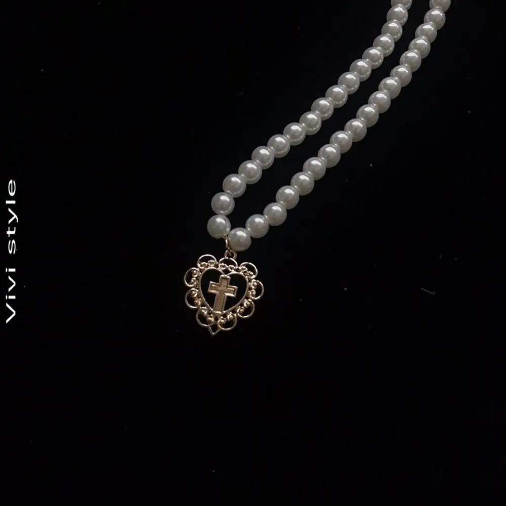 de amor con corazón de perlas Cruz para chica, collar de Vintage Harajuku Vaporwave, arte estético|Collares colgantes| - AliExpress