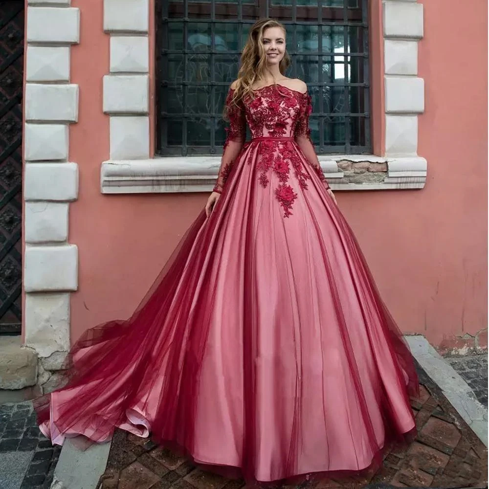 

New Luxury 2020 Prom Dresses Ball Gown Off Shoulder Lace 3D Appliques Sweet 16 Satin Tulle Plus Size Formal Evening Gowns
