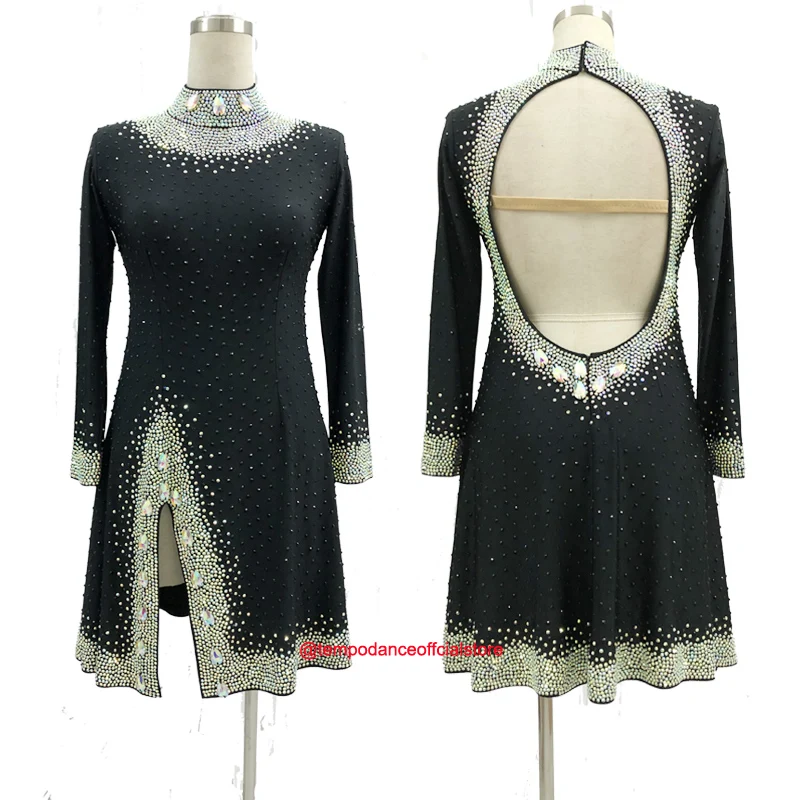 New Style Black Latin Dance Costume of Hot Sales Spandex Tassel Stones