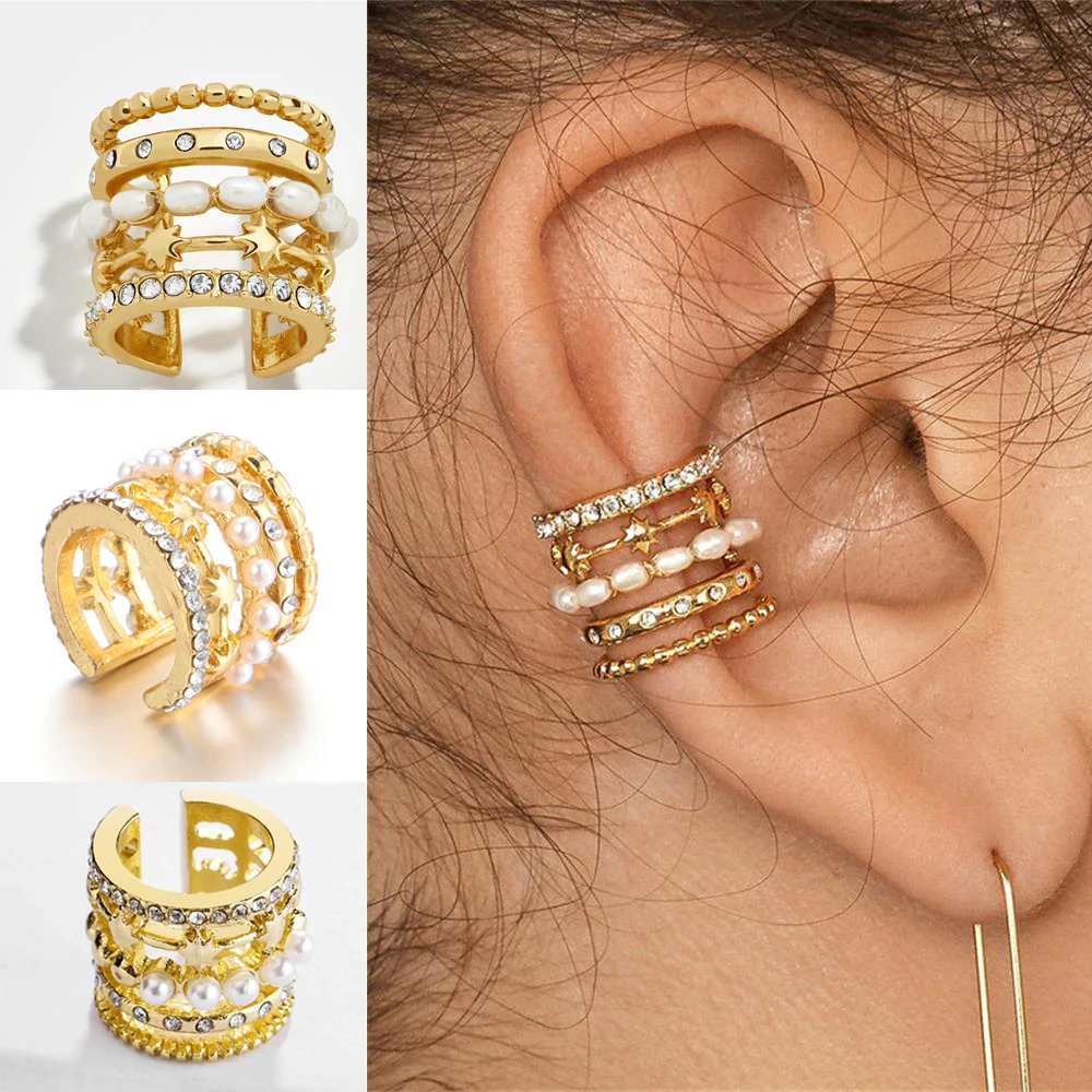 CZ Wide Multilayer Natural Pearl Earcuffs Without Hole