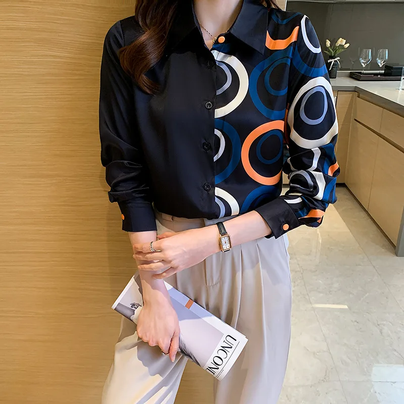 2021 Black Women's Casual Printed Long Sleeved Shirt New Autumn French