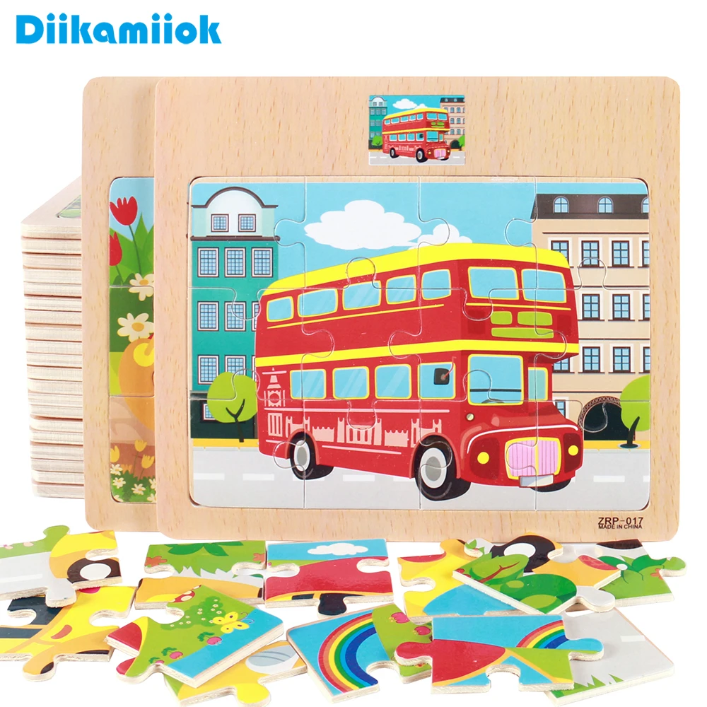 12 Slice Kids New Cartoon Animals/ Vehicle Wooden Puzzle Baby Montessori Toy Educational