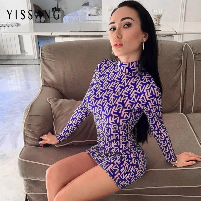 Yissang фиолетовая Облегающая водолазка с буквенным принтом платье длинными