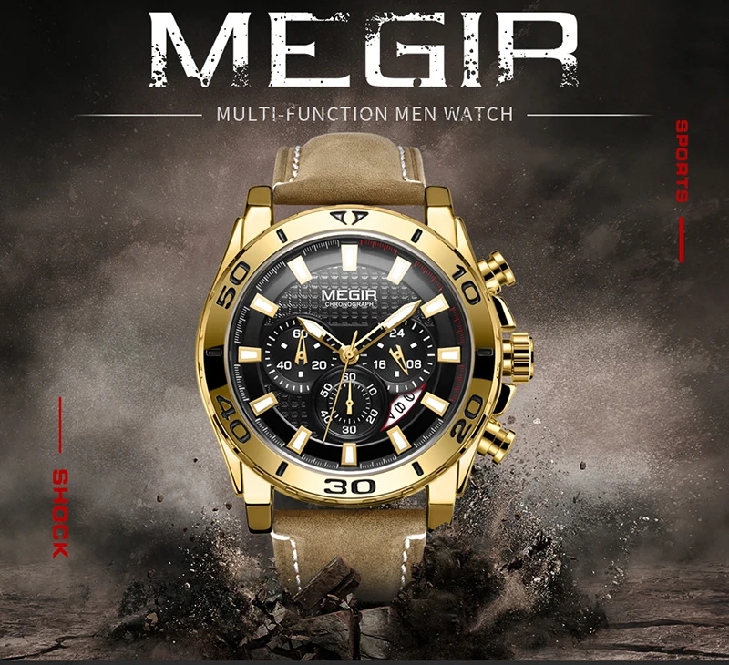Megir, мужские часы, Топ бренд, роскошные, хронограф, большой циферблат, мужские часы, наручные, кожа, водонепроницаемые, спортивные, армейские, военные, мужские часы