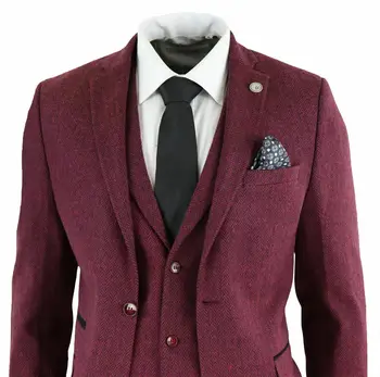 

Mens Wool 3 Piece Suit Tweed Burgundy Herringbone Tailored Fit Peaky Blinders