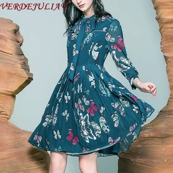 

VERDEJULIAY European Style Office Lady Pleated Dresses Women 2020 Spring New Elegant Bow Collar Butterfly Print Mini Silk Dress