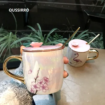

OUSSIRRO Creative Cherry Blossoms Mug Milk Coffee Tea Mugs With Spoon Suit Children Cute And Room Decoration Water Cups