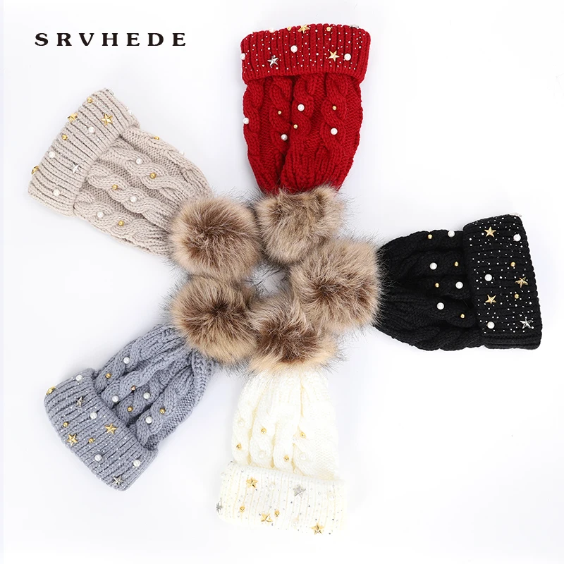 

2019 New Winter Pearl Beanie Cap Lady Fluffy Double Layer Faux Fur Pom Pom Knit Skullies Bean Bean Pompom Ski