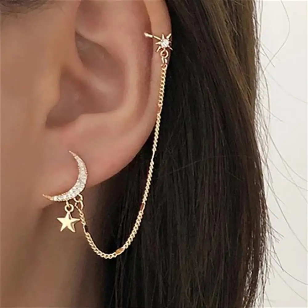 Gold Color Moon Star Clip Dangle Earrings Ear Clip For Women Simple Fake Cartilage Long Tassel Chain Ear Cuff Jewelry