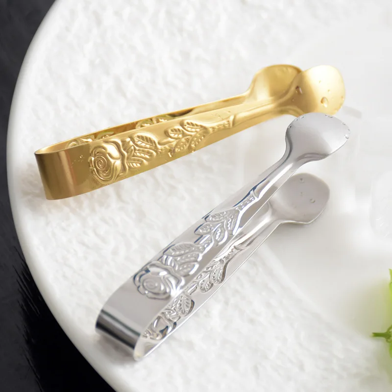 food tongs 1/2PCS ice tong embossed rosette handle stainless steel for food BBQ kitchen