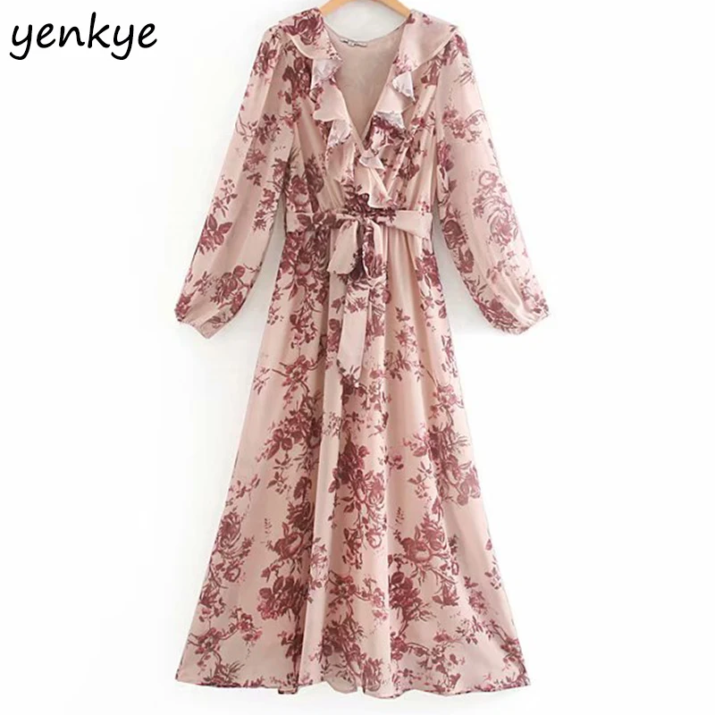 

2019 Women Vintage Floral Print Chiffon Long Dress Romantic Lady Ruffle V Neck Long Sleeve With Belt A-line Elegant Party Dress