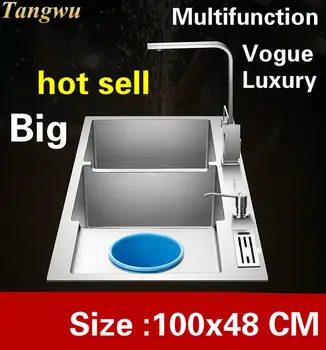 Buy Free Shipping Apartment Vogue Big Kitchen Manual Sink Double Groove Wash Vegetables 4 Mm 304 Stainless Steel Hot Sell 100x48 CM