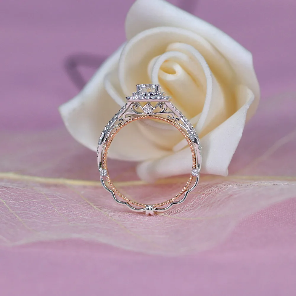 TransGems, 14 K, 585, белое и розовое золото, центр, Круглый, 0.5ct, 5 мм, F цвет, Муассанит, обручальное кольцо с ореолом для женщин