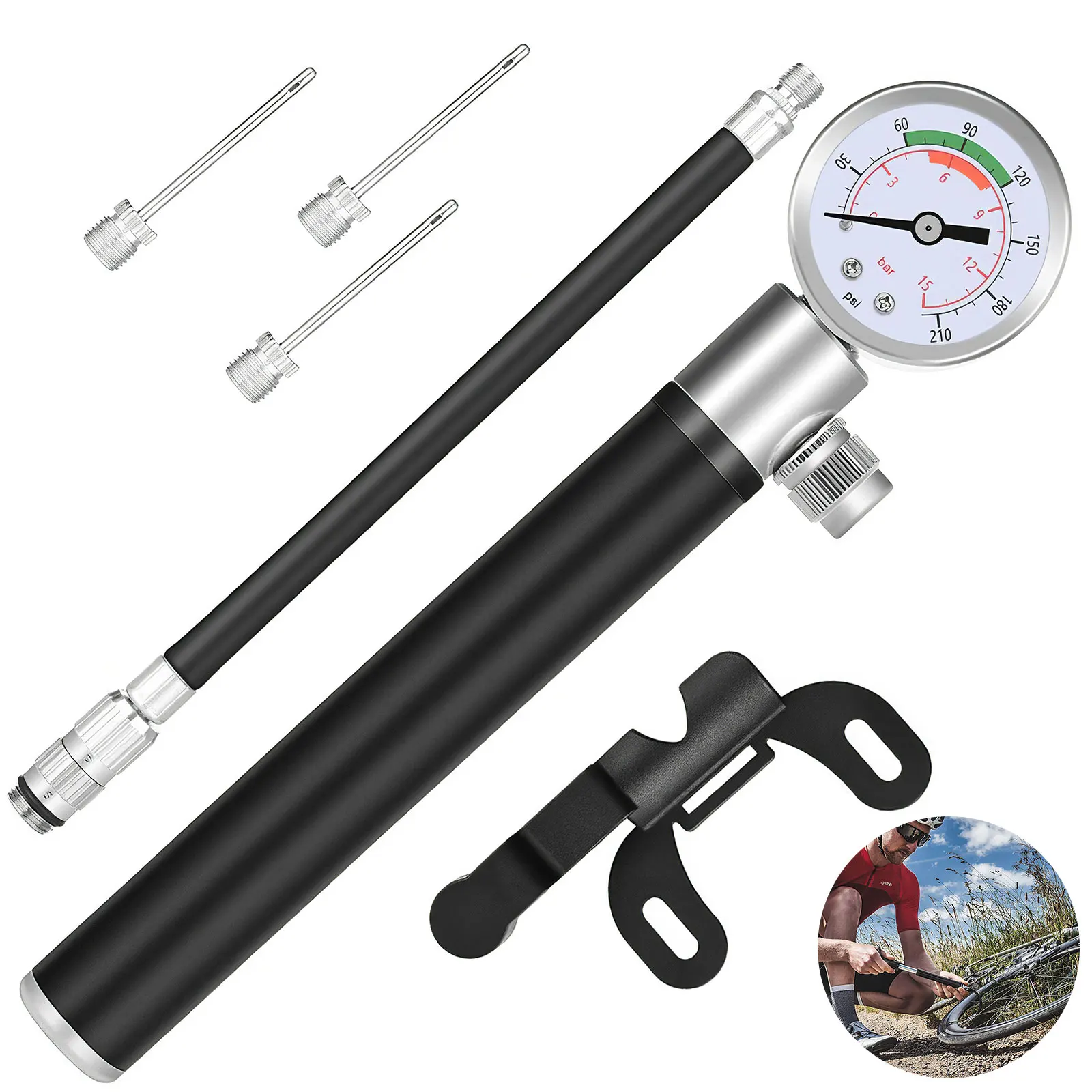 Sports Ball Air Pump Durable Bike Pump With Gauge 3 Needles For