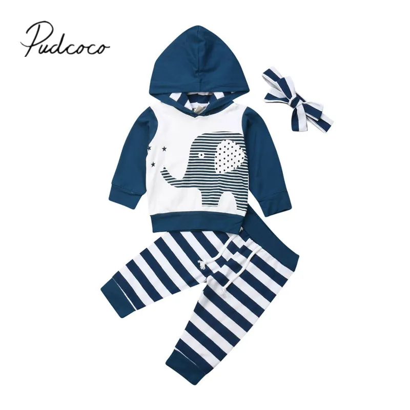 

2019 Baby Spring Autumn Clothing Newborn Baby Boy Girl Stripe Elephant Clothes Hooded Top Striped Pants 2Pcs Active Sets Outfit