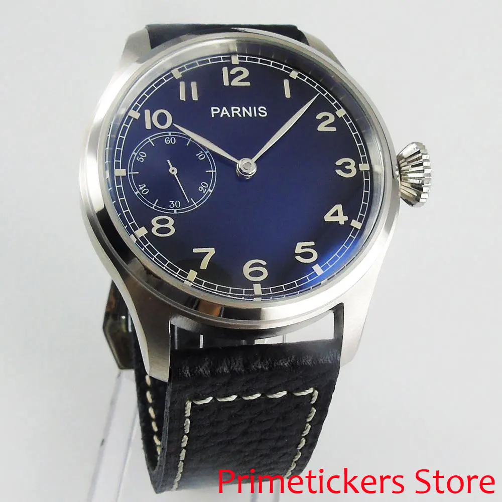 

Silver hands 47mm black dial 6497 hand winding men's watch leather strap