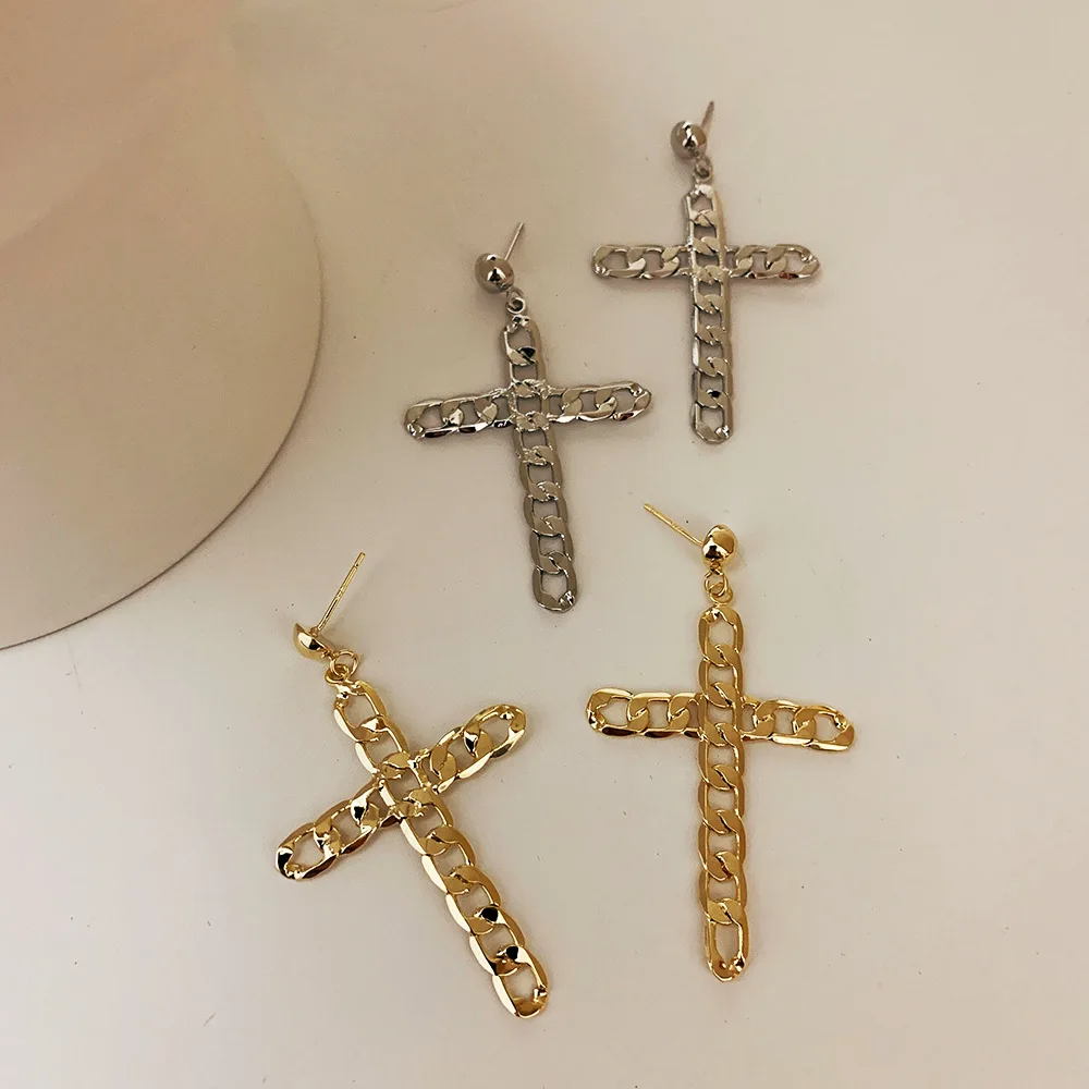 

South Korea Chain Cross Dangle Statement Earrings Female Exaggerated Temperament Ear Jewelry 2021