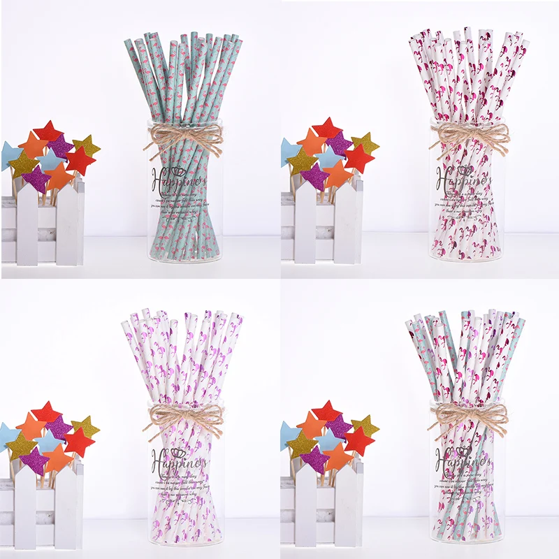 

25Pcs Cake Topper Flamingo Paper Straws for Birthday Party Decorations Kids Adult Graduation Supplies Disposable Drinking Straws
