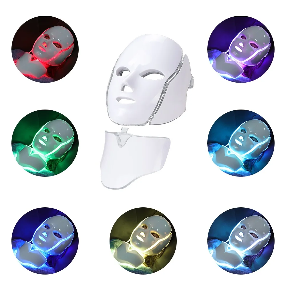 7 цветов светильник светодиодный маска для лица с омоложением кожи шеи уход за лицом Лечение Красота анти акне терапия отбеливающий инструмент