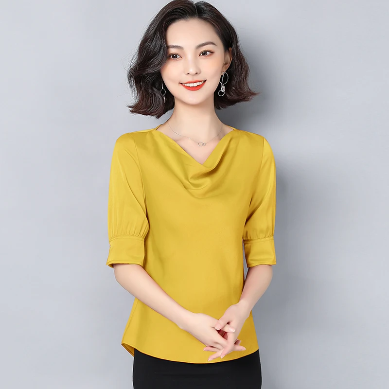 Korean Silk Blouses Women Sartin Blouse Shirts Women Solid V Neck Blouse Tops Plus Size Blusas Mujer De Moda 2020 Womens Tops